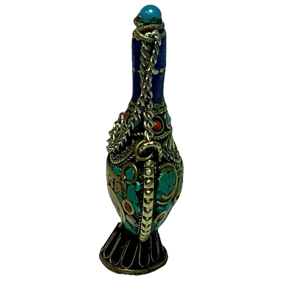 Vintage Nepal Handmade Copper Snuff Bottle Gemstone Inlaid Chinese Collectible - Picture 3 of 4